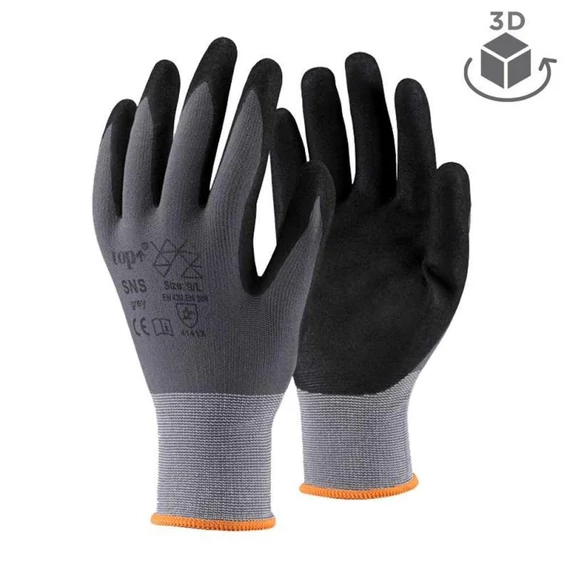 Kesztyű homokszemcsés nitrilhabba mártott nylon TOP SNS, fekete/szürke
