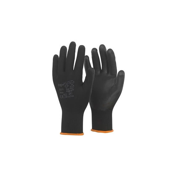 Védőkesztyű PU mártott nylon gumirozott mandzsetta TOP DEVIL+, fekete
