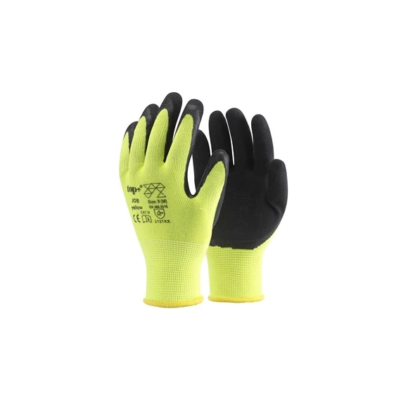 Védőkesztyű latex mártott poliészter lélegző TOP JOB, fekete/sárga