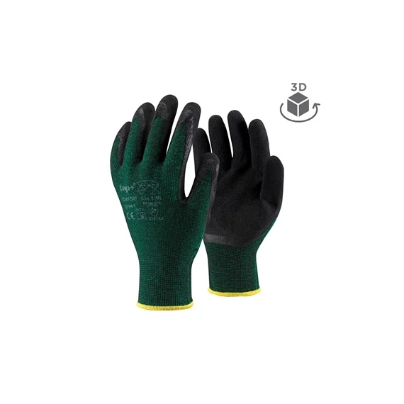 Védőkesztyű latex mártott poliészter TOP COMFORT, fekete/zöld